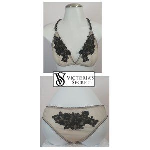 Victoria's Secret DREAM ANGELS Embroidered Set Razorback Black & Nude Sz M